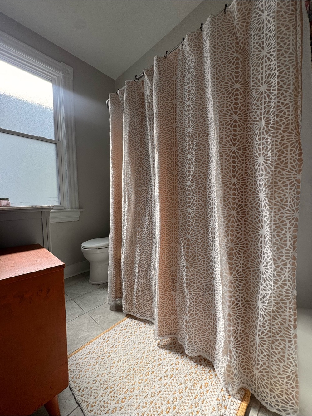 Neutral Geometric Shower Curtain - Beige with White Lace Overlay